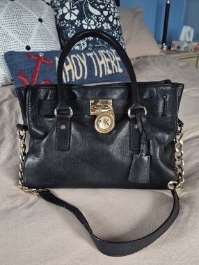 Michael Kors Black Leather Satchel with Gold-Tone Hardware